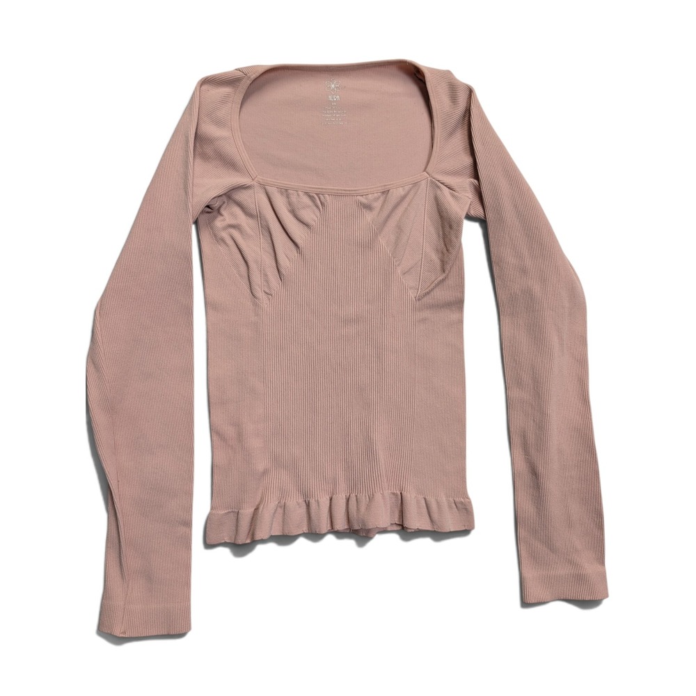 Aura Womens Long Sleeve Ribbed Ruffle Hem Top S / M Square Neck Pink